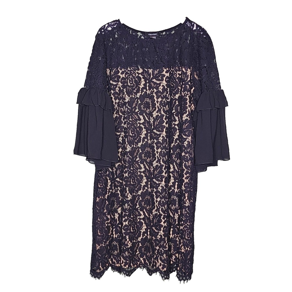 Karen Kane Black Lace Dress Bell Sleeve Shift Ruffle Party Special Occasion USA